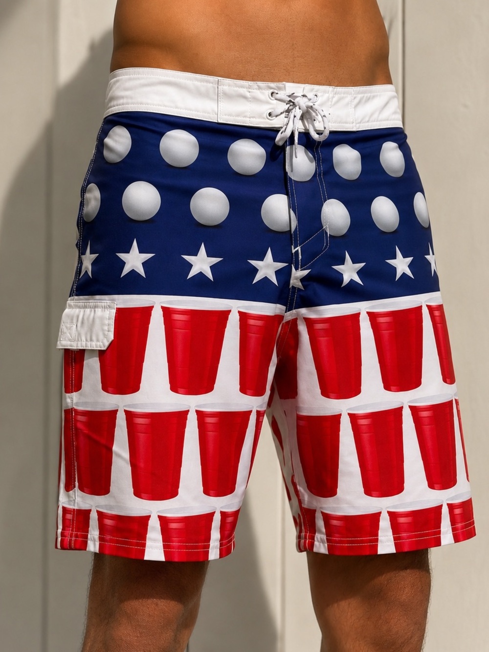 Carbon USA Red Solo Cup Flag Board Shorts Swim Trunks Size 34